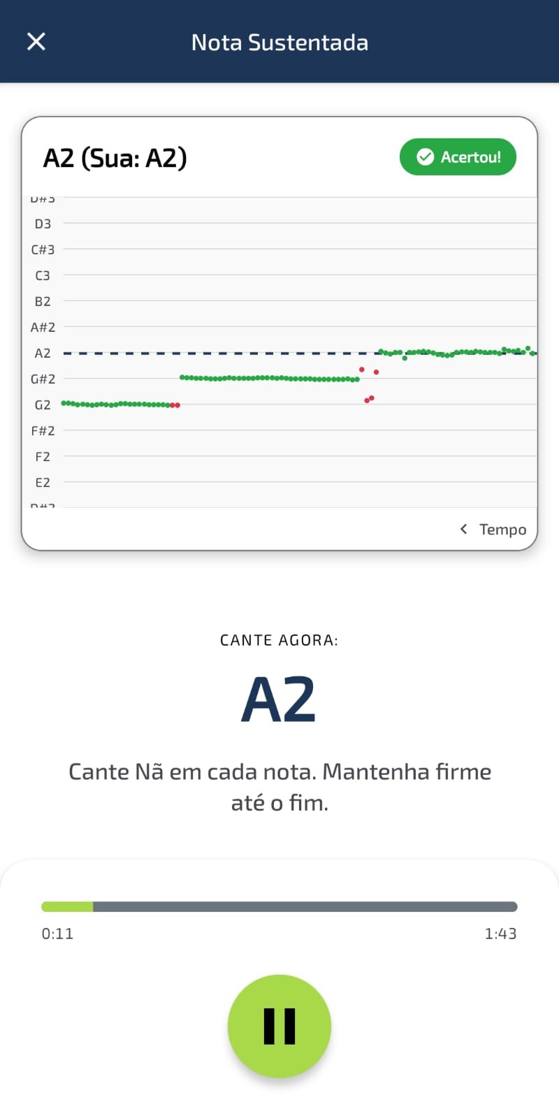 Tela do Afinatto mostrando o exercício de Nota Sustentada com o monitor de afinação em tempo real